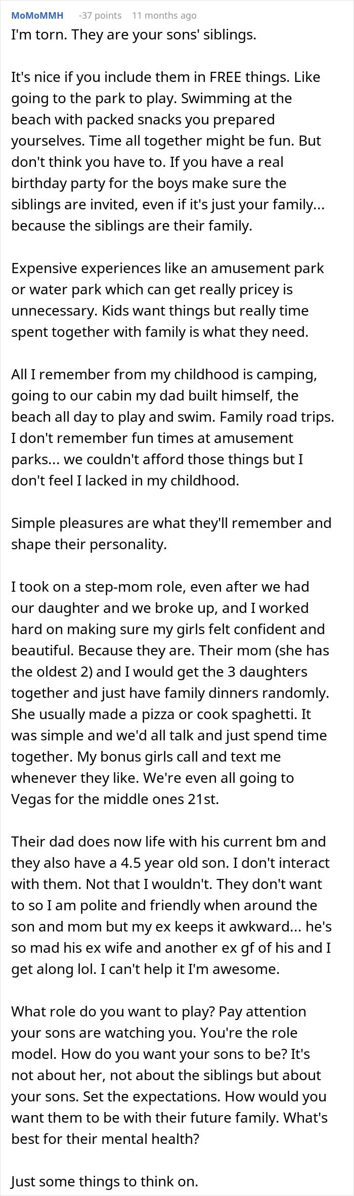Commenter discussing family dynamics after woman cheats on partner and wants him to care for children with other men.