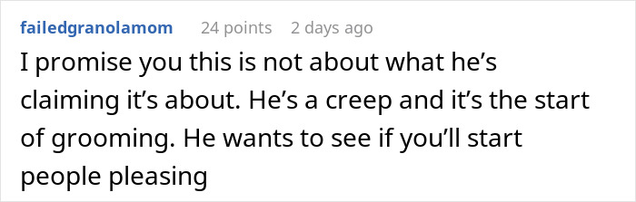 Comment discussing a boss who doesn’t want employee bikini pictures posted, describing concerns about grooming behavior. - 29