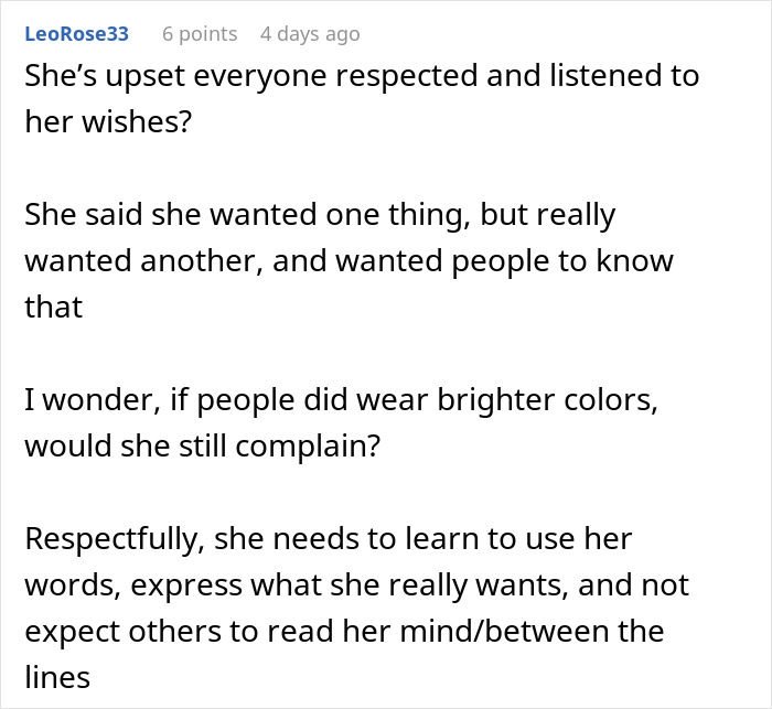 Screenshot of a Reddit comment discussing the bride upset about wearing neutrals and not wearing color at her event.