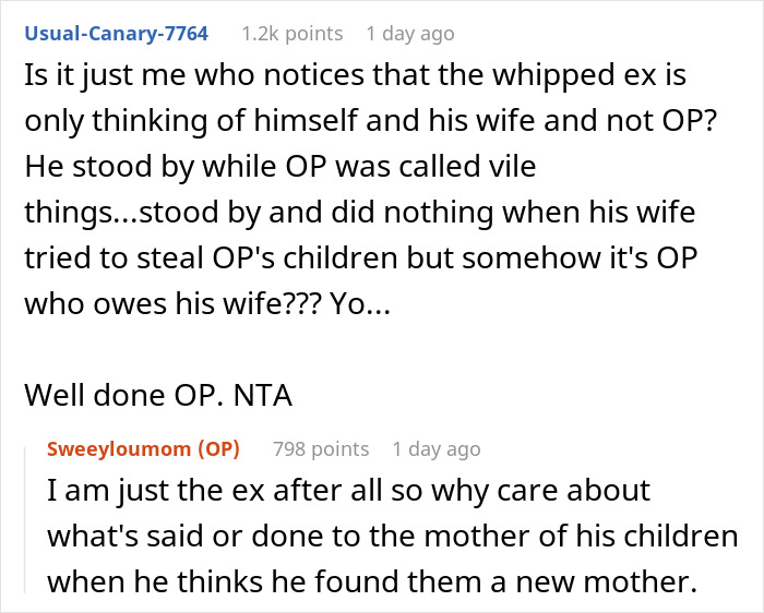 Comments discussing a woman’s zero regret and celebration after failure of her ex-husband’s new wife. - 26