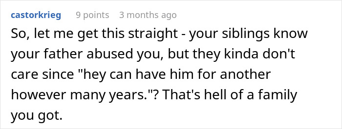 Comment discussing siblings ignoring father's abuse and the difficult family situation involving organ donation refusal.