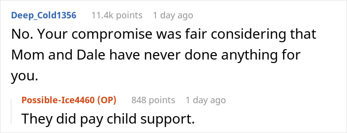 Screenshot of an online discussion about parents kid care and parenting involving child support and family compromises.