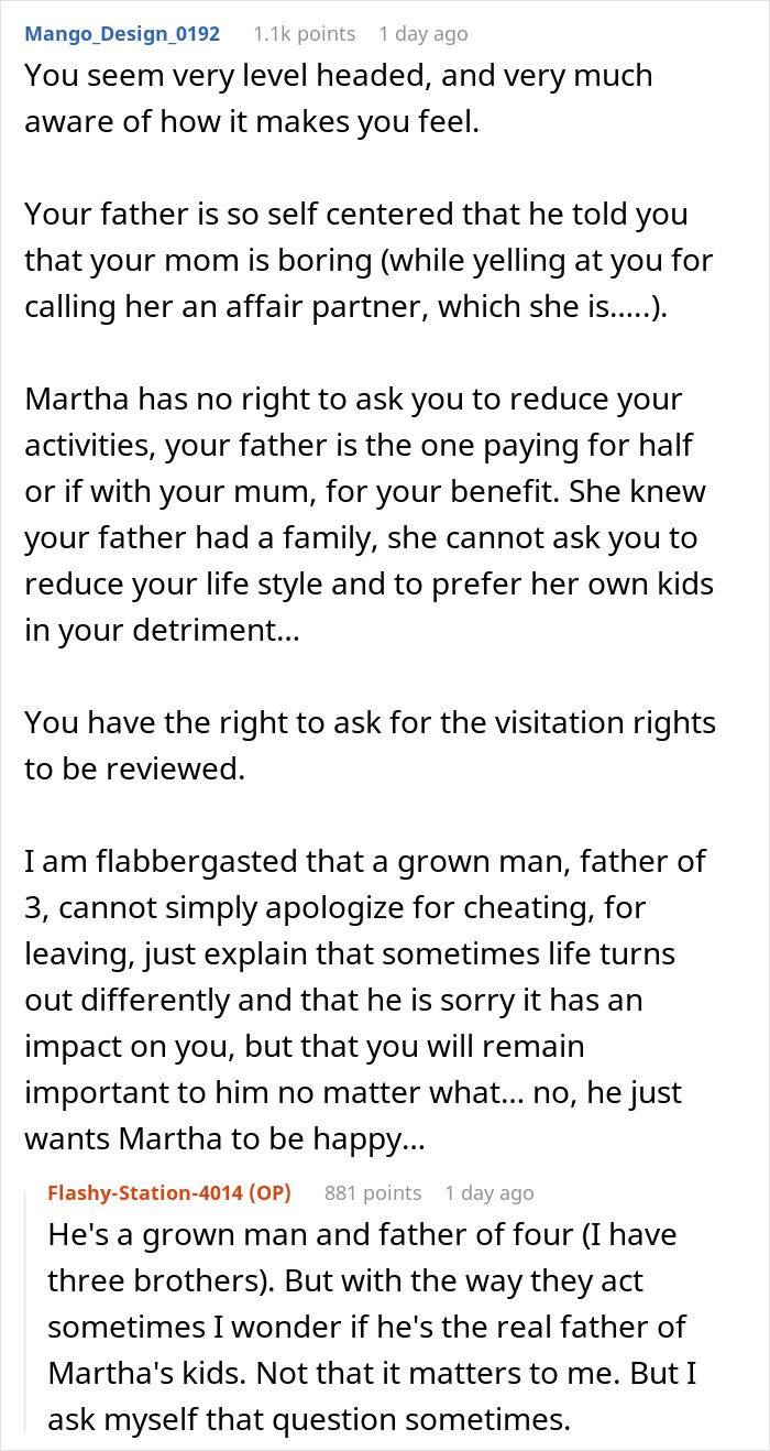 Text conversation about a dad wanting his daughter to accept stepmom and kids rejecting him due to his actions. - 16