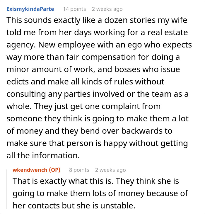Reddit discussion about a lazy worker doing minimal work and demanding half of coworker&rsquo;s commission for little help.