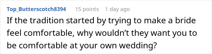 Screenshot of a comment discussing the call off wedding weird family tradition about bride comfort at the wedding.