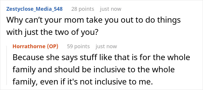 Screenshot of an online conversation about parents ignoring a teen&rsquo;s birthday due to stepkids&rsquo; allergies and food frustrations.