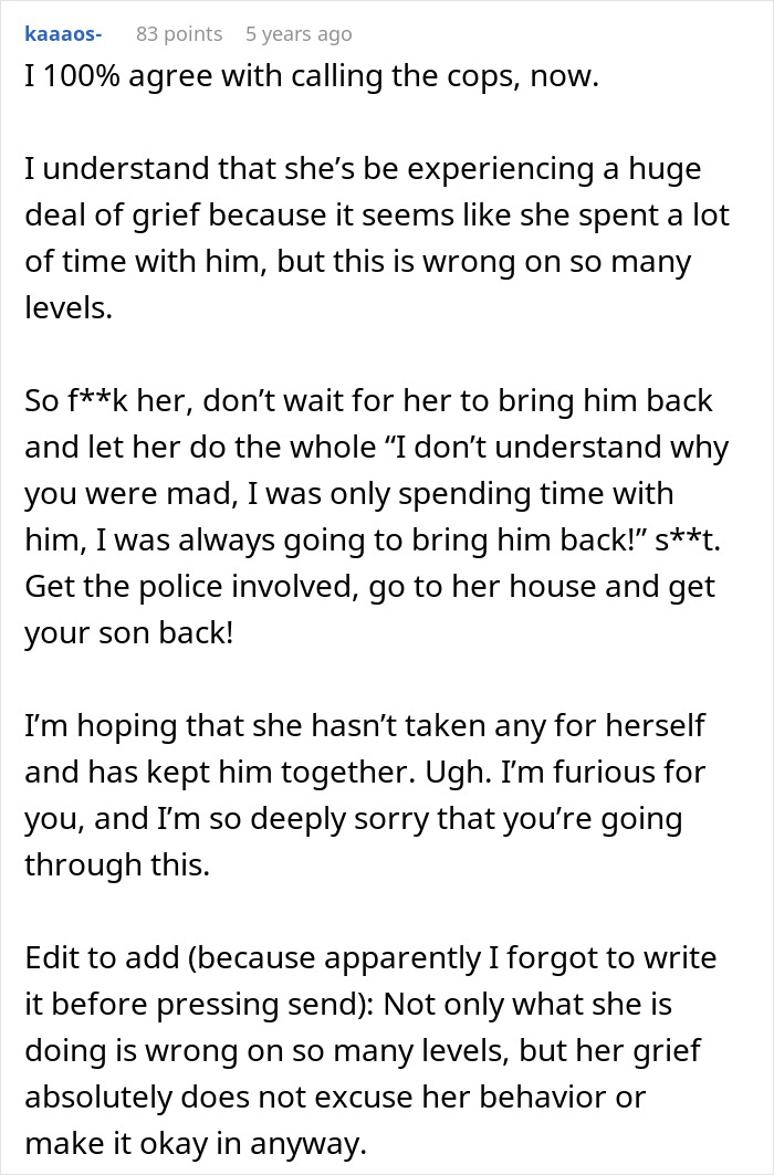 Alt text: Online comment expressing outrage over entitled grandma stealing grandson&rsquo;s ashes sparking family drama and grief.