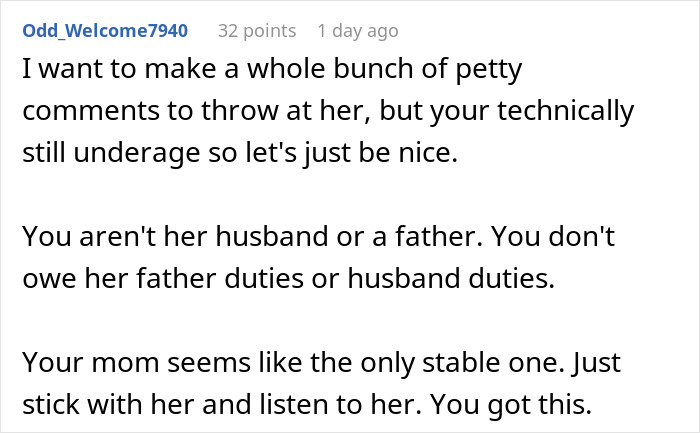 Comment discussing a teen refusing to help half siblings after dad goes AWOL, with encouragement from their mom.