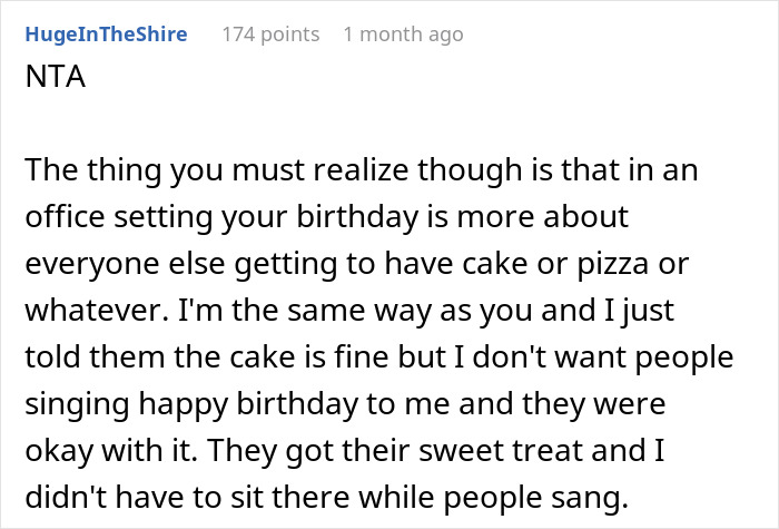 Comment discussing an annoyed worker’s birthday cake in an office setting avoiding birthday singing. - 28