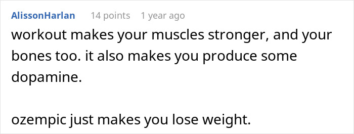 Comment from a user sharing thoughts on how seeing loved ones taking Ozempic impacts their mental state.