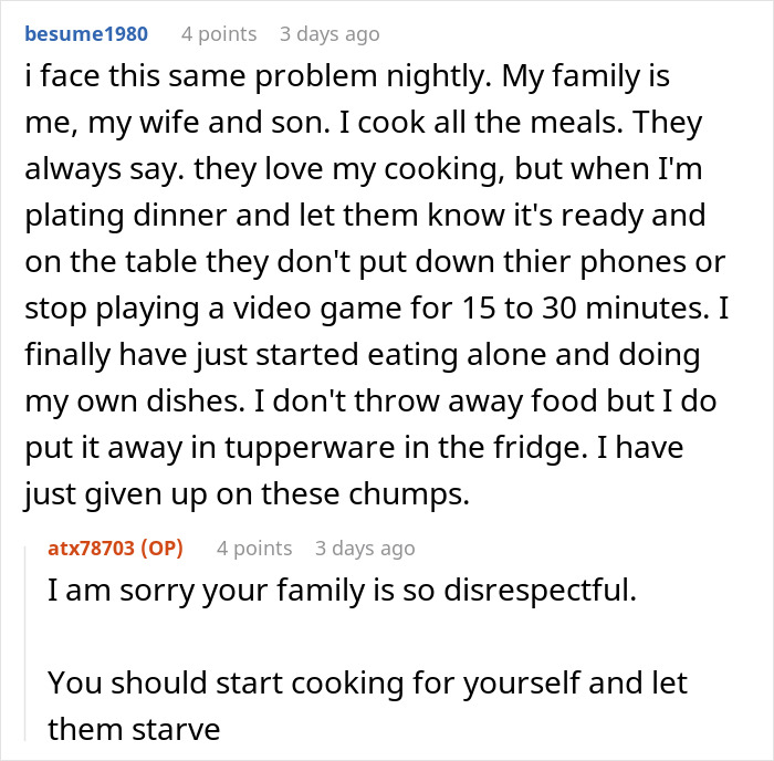 Online discussion about family&rsquo;s entitled behavior and disrespect during mealtime, leading to frustration and hunger.