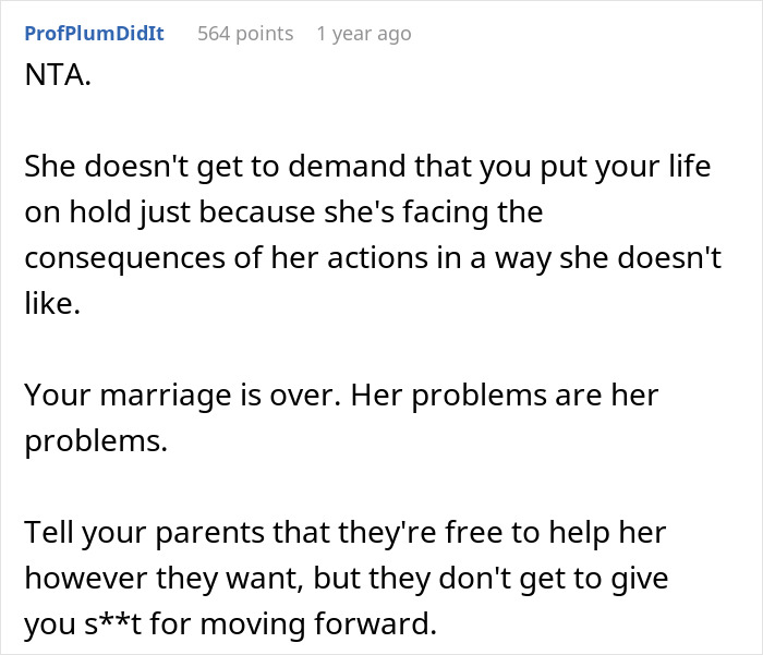 Screenshot of Reddit comment advising not to delay divorce after wife leaves for affair partner and faces consequences. - 18