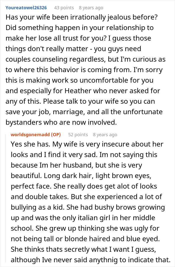 Text conversation about a jealous wife spying on her husband at work, discussing insecurity and relationship challenges.