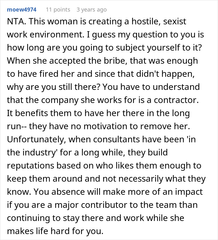 Comment from Reddit user moew4974 discussing a hostile work environment caused by a boss bad with technology.