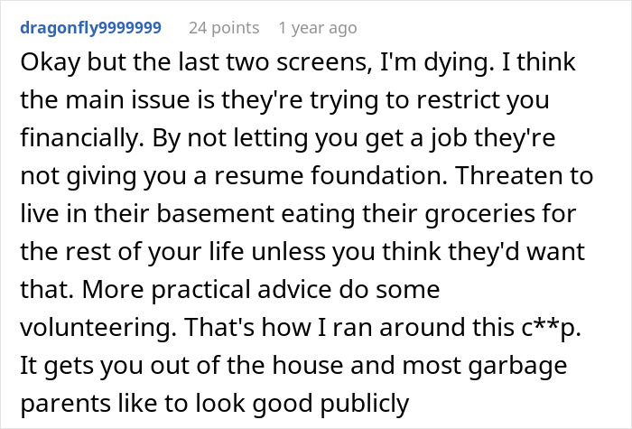 Comment discussing teen babysitting for pay, financial restriction by parents, and advice to volunteer for experience.