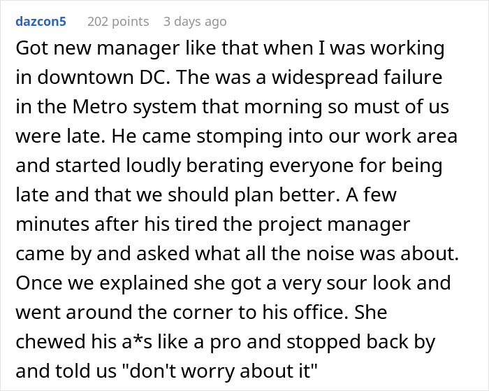 Comment describing manager's harsh penalty for being late, highlighting frustration with same penalty for 6 minutes or 3 hours late.