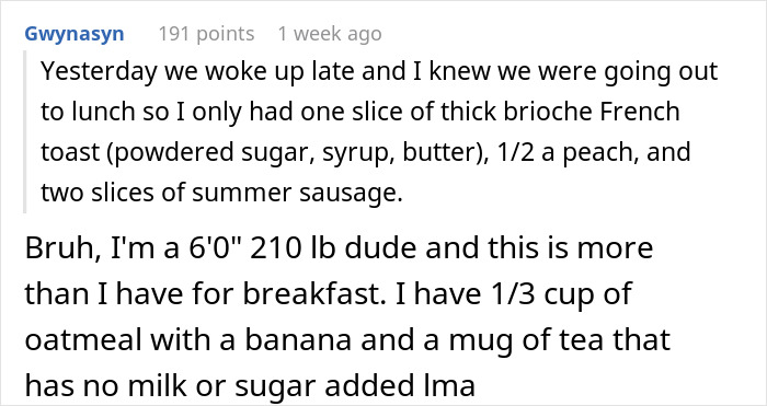 Screenshot of an online comment where a guy describes his breakfast, highlighting issues with nagging about eating and relationship conflict.