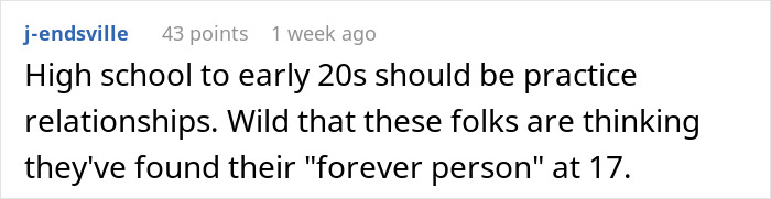 Social media comment discussing doubts about early relationships and the idea of finding a forever person young.