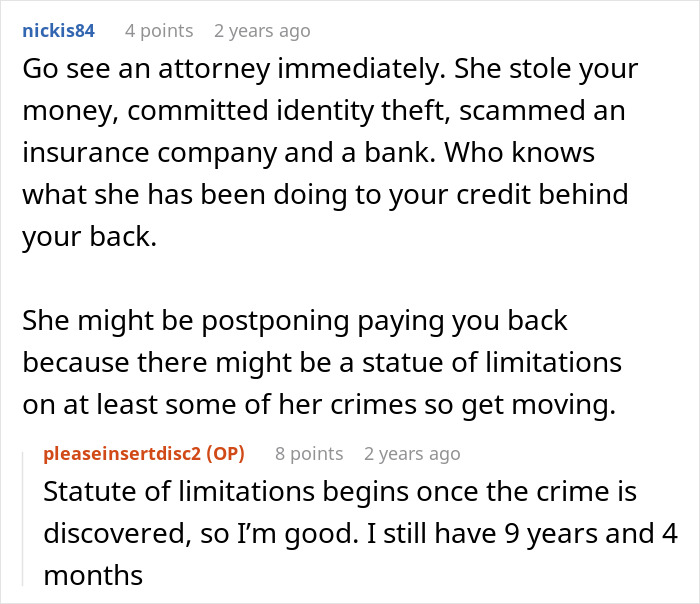 Reddit comments discussing a mom embezzling daughter's inheritance and advice on legal action and statute of limitations.