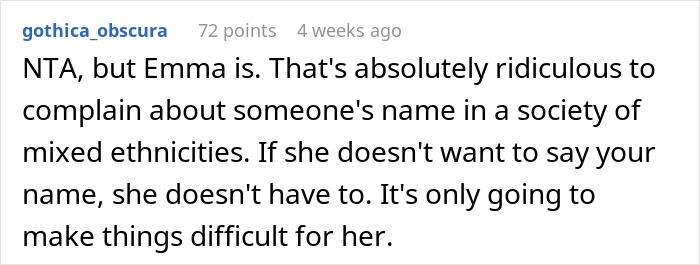Comment from gothica_obscura discussing the issue of a Korean woman asked to change her name over borderline racism concerns. Comment from gothica_obscura discussing the issue of a Korean woman asked to change her name over borderline racism concerns.