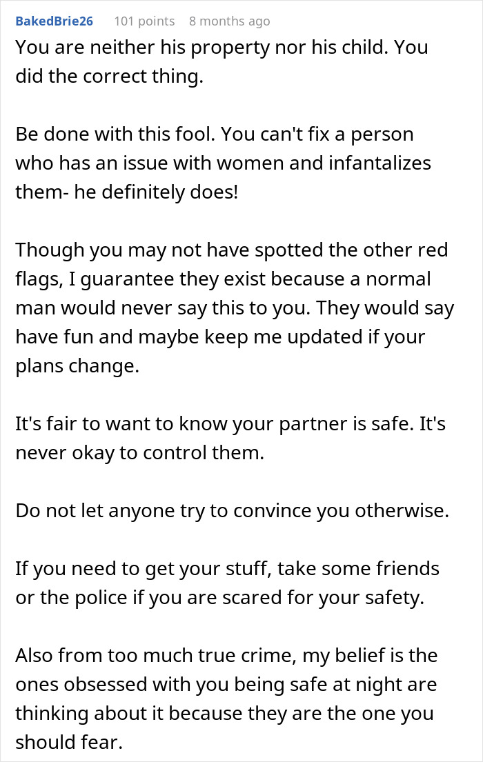 Comment advising a woman to recognize red flags and control issues in her relationship and prioritize her safety.