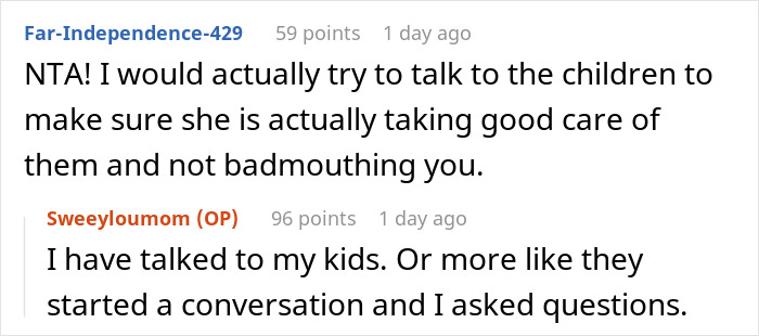 Screenshot of a Reddit conversation where a woman discusses feeling zero regret about her ex-husband’s new wife. - 32