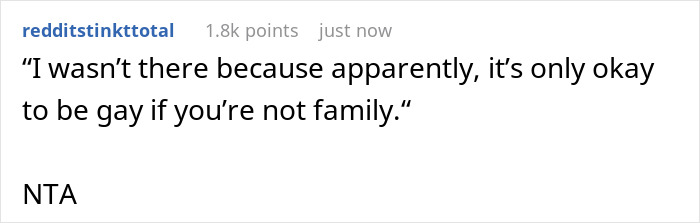 Reddit comment excerpt about a gay man spending $1.3K to attend twin&rsquo;s wedding and not being invited.