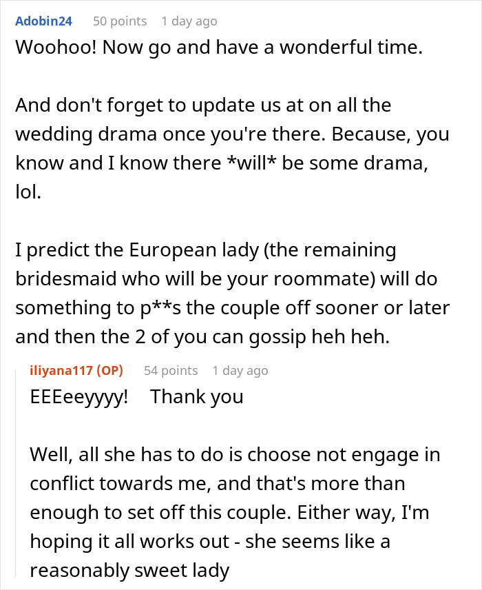 Screenshot of online comments discussing wedding drama involving a bride trying to cancel a guest’s resort room out of spite. - 42
