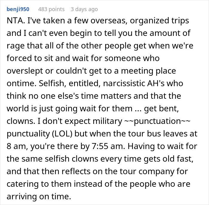 Screenshot of a forum comment about a tourist oversleeping and the frustration it causes on organized tours. - 22