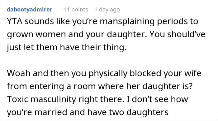 Comment criticizing a mom for overdoing the menstruation celebration for her 12-year-old daughter and mansplaining periods. - 48