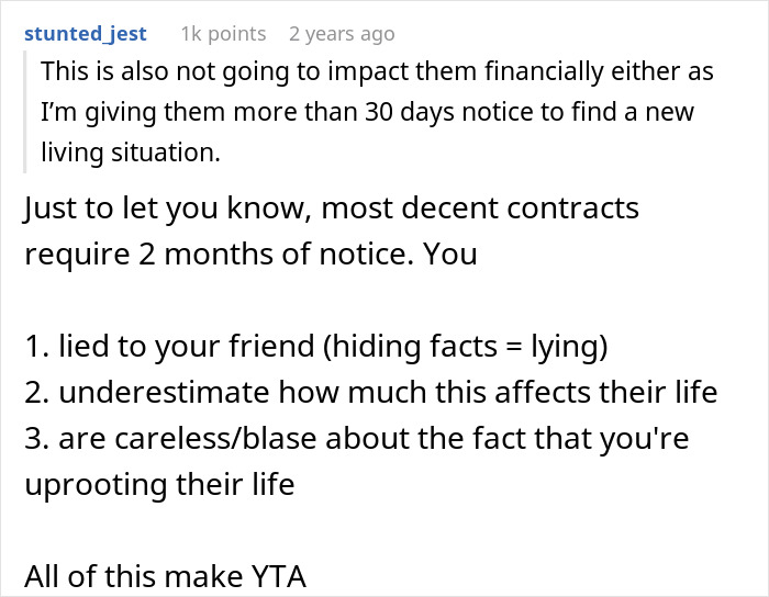 Reddit comment explaining why not telling roommate about buying a house until closed affects their life and trust.