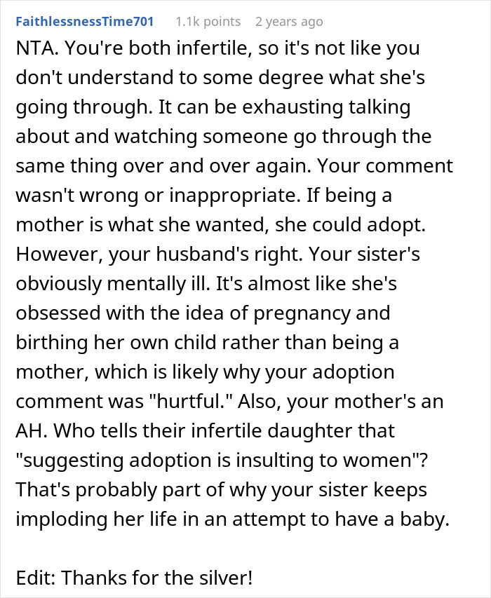 Comment discussing infertility struggles and a sister&rsquo;s meltdown over adoption suggestion in a baby-mad family conflict.