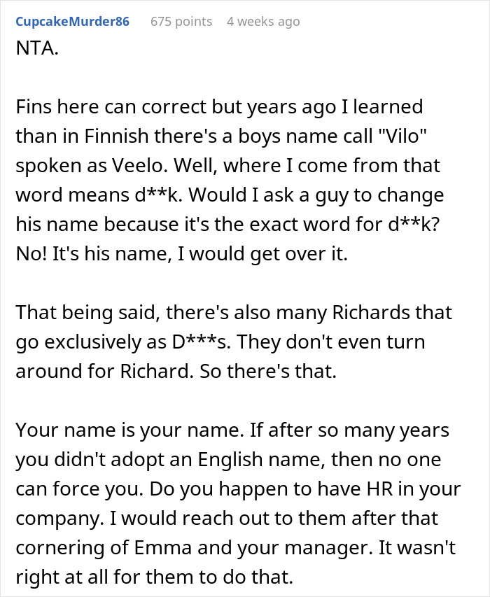 Comment discussing name change controversy involving borderline racism and Korean woman’s experience at work. Comment discussing name change controversy involving borderline racism and Korean woman’s experience at work.