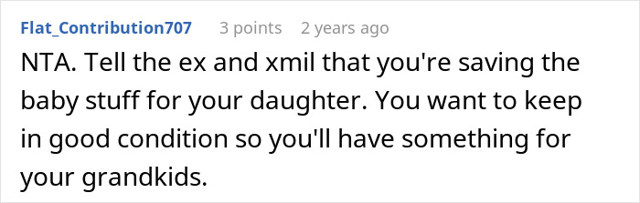 A user commenting about saving baby items for grandchildren amid a situation involving cycling plans and family. A user commenting about saving baby items for grandchildren amid a situation involving cycling plans and family.