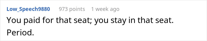 Comment text on a social media post about a man invading a woman&rsquo;s space after she declines to swap seats.