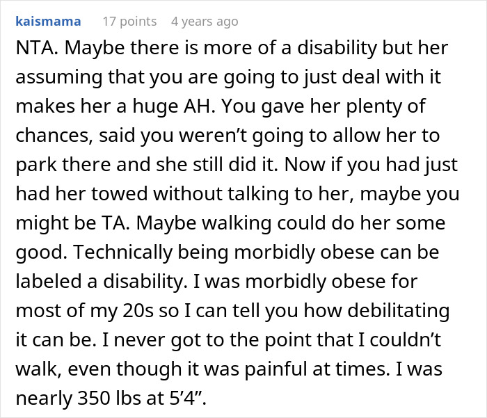 Comment discussing issues with a disabled woman wrongly assuming ownership of neighbor&rsquo;s driveway and related frustrations.