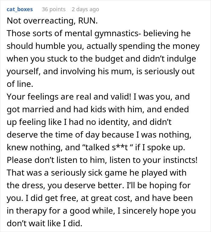 Comment warning about a jerk boyfriend’s toxic behavior trying to humble his girlfriend by buying her dream gift for someone else. - 36