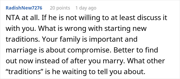 Comment about call off wedding and weird family tradition discussing compromise and starting new traditions before marriage.