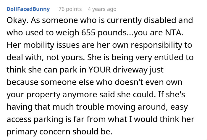 Comment discussing a disabled woman wrongly believing she owns neighbor&rsquo;s driveway and facing consequences for entitlement.