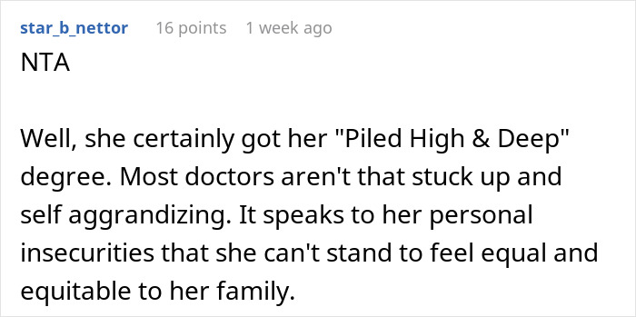 Comment expressing that an aunt with a PhD expects her family to call her doctor due to personal insecurities. - 38