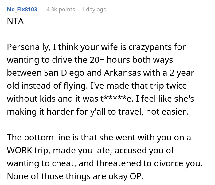 ALT text: Reddit comment discussing wife’s weird quirk making traveling difficult and pointing out issues leading to divorce threat. - 26