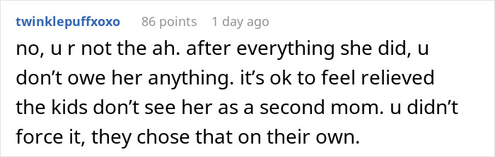 Screenshot of a social media comment discussing no obligation owed to ex-husband’s new wife and feeling relieved about family dynamics. - 40