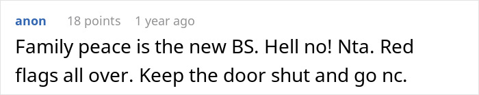 Screenshot of an online comment discussing family peace and warning about red flags related to an unhinged stepfather. Screenshot of an online comment discussing family peace and warning about red flags related to an unhinged stepfather.