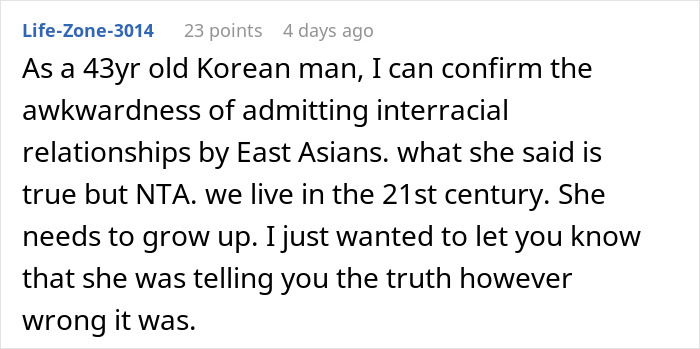 Reddit comment on interracial relationships reflecting awkwardness and maturity, linked to man publicly demoted to friend by GF.