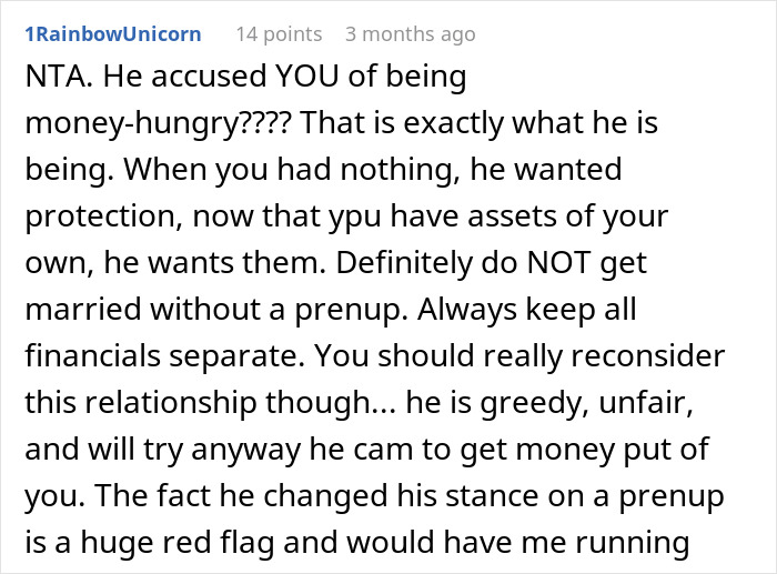 Man demands prenup but quickly changes his mind after woman secures seven-figure insurance policy for protection.