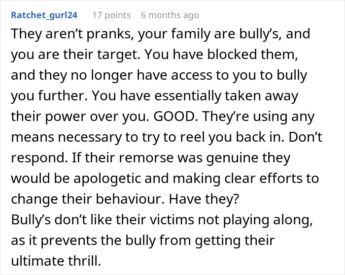 Comment text discussing a family stages fake legal notice prank, with the woman cutting contact to block bullying. Comment text discussing a family stages fake legal notice prank, with the woman cutting contact to block bullying.