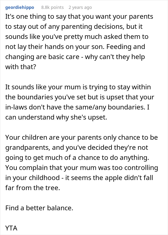Text post discussing a mom being overprotective and not allowing her to help with baby care, unlike her son's in-laws.