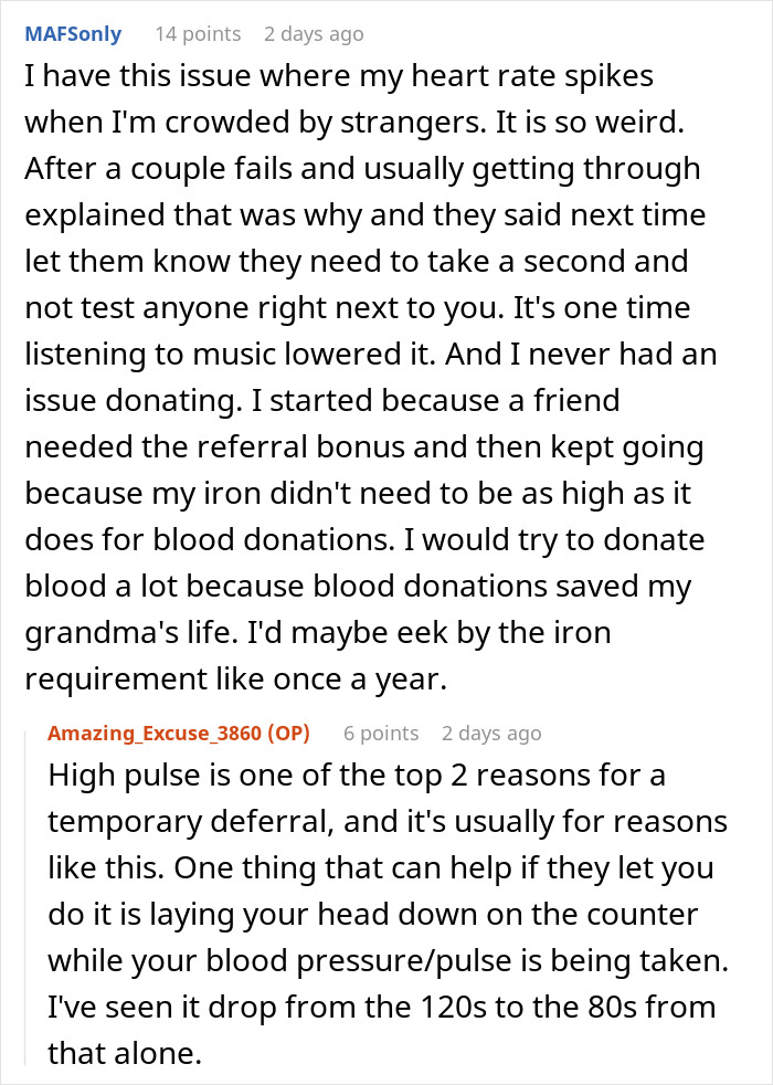 Comments discussing personal experiences with blood donation, pulse issues, and deferral reasons related to plasma donation. Comments discussing personal experiences with blood donation, pulse issues, and deferral reasons related to plasma donation.