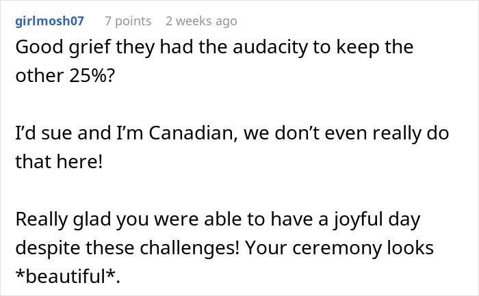 Bride looking shocked and concerned after discovering caterers got the wedding date wrong one hour before ceremony.