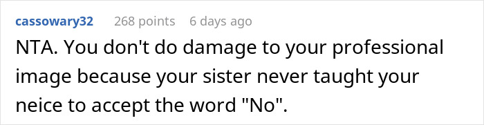 Screenshot of a Reddit comment discussing a woman refusing to wear her niece&rsquo;s handmade dress for a career event.